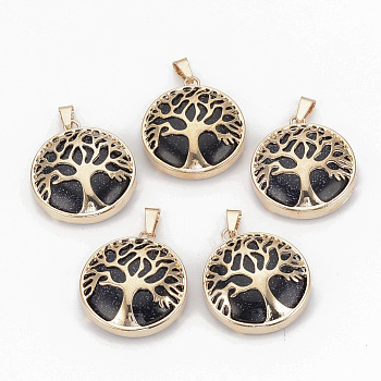 Synthetic Blue Goldstone Pendants, with Brass Findings, Flat Round with Tree of Life, Golden, 30.5x27x8mm, Hole: 7x3mm
