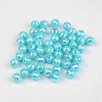 Faceted Colorful Eco-Friendly Poly Styrene Acrylic Round Beads, AB Color, Cyan, 8mm, Hole: 1.5mm, about 2000pcs/500g