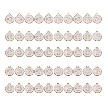 Golden Plated Alloy Charms, with Enamel, Enamelled Sequins, Flat Round, White, Letter.G, 14x12x2mm, Hole: 1.5mm, 50pcs/Box