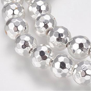 Grade AA Non-Magnetic Synthetic Hematite Bead Strands, Round, Faceted(128 Facets), Silver Plated, 8mm, Hole: 1.5mm, about 53pcs/strand, 15.7 inch(40cm)