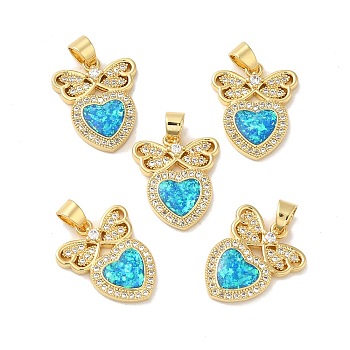 Rack Plating Brass Micro Pave Cubic Zirconia with Synthetic Opal Pendants, with Jump Ring, Lead Free & Cadmium Free, Long-Lasting Plated, Heart, Real 18K Gold Plated, 17x14x2.6mm, Hole: 5x3.5mm