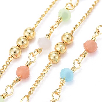 3.28 Feet Handmade Brass Curb Chains, with Faceted Glass Links, Brass Beads, Soldered, Long-Lasting Plated, Real 18K Gold Plated, Colorful, 1.7x1.3x0.4mm, Beads: 3.5x2.5~3mm and 3mm