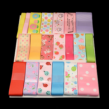 Printed Mixed Ribbon Sets: Grosgrain Ribbons, Satin Ribbons and Organza Ribbons, Mixed Color, 3/8 inch~1-1/2 inch(9~38mm), about 1yards/roll(0.9144m/roll), 20rolls/bag