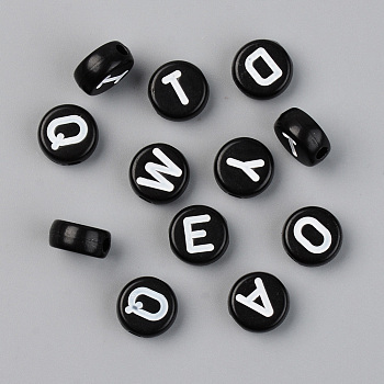 Opaque Acrylic Beads, with Enamel, Horizontal Hole, Flat Round with Initial Letter, White, Black, 9.5x4.5mm, Hole: 2mm, 1580pcs/500g