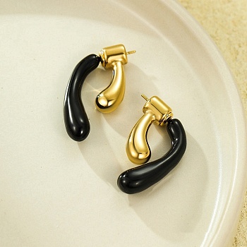 304 Stainless Steel Stud Earrings, with Enamel, Real 18K Gold Plated, Black, 27.5x6.5mm