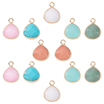 12Pcs 6 Colors Natural White Jade Gemstone Pendants, with Nickel Free Brass Loops, Dyed, Faceted, Teardrop, Golden, Mixed Color, 17.5x13.5x6.5mm, Hole: 2mm