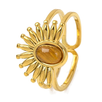 Oval Natural Tiger Eye Finger Rings, Half Flower Golden Tone 304 Stainless Steel Cuff Rings for Women, Half flower: 12.5x15.5mm, US Size 6(16.5mm)