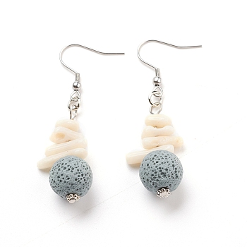 Natural Lava Rock Dangle Earrings, with Synthetic Gemstones, Alloy Spacer Beads and Stainless Steel Earring Hooks, Round, Light Steel Blue, 55~56mm, Pin: 0.7mm