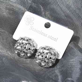 304 Stainless Steel Oval Stud Earrings, with Rhinestone, Stainless Steel Color, 19.5x20mm