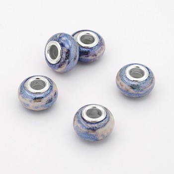 Rondelle Handmade Porcelain Large Hole European Beads, with Platinum Plated Brass Double Cores, Cornflower Blue, 15x10mm, Hole: 5mm