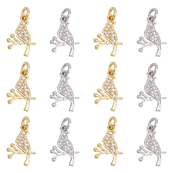 12Pcs 2 Colors Brass Micro Pave Clear Cubic Zirconia Charms, with Jump Rings, Bird with Branch Charm, Platinum & Golden, 15x10.5x1.6mm, Hole: 2.8mm, 6pcs/color