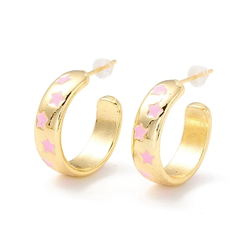Real 18K Gold Plated Brass Stud Earrings for Women, Star Pattern Enamel Open Hoop Earrings, Rack Plating Half Hoop Earrings, Cadmium Free & Lead Free, Pink, 6x19x2mm, Pin: 1mm, Inner Diameter: 16mm