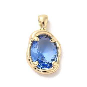 Golden Brass Micro Pave Cubic Zirconia Pendants, Oval, Dodger Blue, 18.5x10.5x5mm, Hole: 3x1.5mm