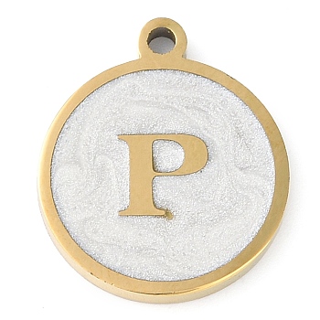 Ion Plating(IP) 201 Stainless Steel Pendants, with White Enamel, Real 18K Gold Plated, Flat Round with Letter, Letter P, 18.5x15.5x2mm, Hole: 1.6mm