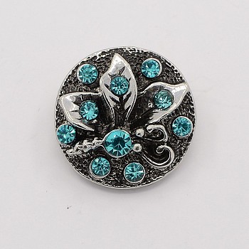 Antique Silver Zinc Alloy Rhinestone Buttons, Flat Round Carved Flower Jewelry Snap Buttons, Cadmium Free & Nickel Free & Lead Free, Aquamarine, 20x9mm, Knob: 5mm