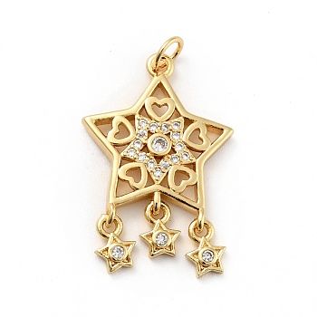 Rack Plating Brass Micro Pave Clear Cubic Zirconia Pendants, Long-Lasting Plated, Lead Free & Cadmium Free, Star, Real 18K Gold Plated, 27x18x3mm, Hole: 3mm