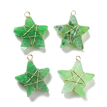 Natural Agate Pendants, with Real 18K Gold Plated Tone Brass Wire Wrapped, Dyed, Star, Green, 29.7x27.2x10.5mm, Hole: 2.9mm