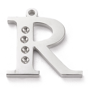 304 Stainless Steel Letter Pendant Rhinestone Settings, Stainless Steel Color, Letter.R, R: 15x15x1.5mm, Hole: 1.2mm, Fit for 1.6mm rhinestone