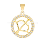 Brass Micro Pave Cubic Zirconia Pendants, Flat Round with Constellation Charm, Real 18K Gold Plated, Sagittarius, 16mm(PW-WG33873-09)