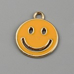 Alloy Enamel Pendants, Light Gold, Flat Round with Smiling Face Pattern Charm, Orange, 19x16x1mm, Hole: 2mm(ENAM-WH0065-32C)