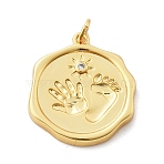 Rack Plating Brass Micro Pave Cubic Zirconia Pendants, Round with Palm Prints and Footprints, with Jump Ring, Lead Free & Cadmium Free, Long-Lasting Plated, Real 18K Gold Plated, Clear, 22.5x20x3.5mm, Hole: 3mm(KK-D359-34G-01)