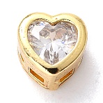 Brass inlaid Cubic Zirconia Slide Charms, Cadmium Free & Lead Free, Real 18K Gold Plated, Heart, Clear, 6.5x6.5x4mm, Hole: 0.8x2mm(ZIRC-F125-01B-G)