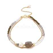 Natural Multi-Moonstone Bead Bracelets, with Sterling Silver Beads and Pearl Beads and Glass Beads, Real 18K Gold Plated, 16.2cm(BJEW-E098-10G)