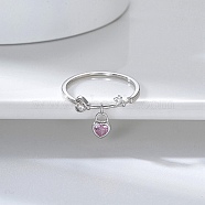Rhodium Plated 925 Sterling Silver Finger Ring with Cubic Zirconia Heart Pad Charms, with S925 Stamp, Real Platinum Plated, US Size 9(18.9mm)(RJEW-C064-34E-P)