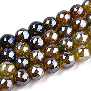 Electroplate Natural Agate Beads Strands, Dyed, Faceted, Pearl Luster Plated, Round, Peru, 8.5x7~8mm, Hole: 1.2mm, about 47~48pcs/strand, 13.78 inch~13.98 inch(35cm~35.5cm)(G-T131-54M)