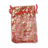 Organza Drawstring Jewelry Pouches, Wedding Party Gift Bags, Rectangle with Gold Stamping Rose Pattern, Red, 15x10x0.11cm(OP-I001-C05)