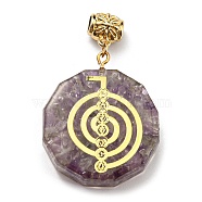 Natural Amethyst European Dangle Polygon Charms, Large Hole Pendant with Golden Plated Alloy Chakra Slice, 53mm, Hole: 5mm, Pendant: 39x35x11mm(PALLOY-K012-01B-01)