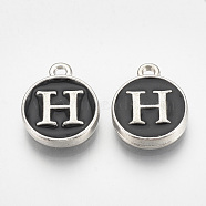 Alloy Enamel Charms, Flat Round with Letter, Platinum, Black, Letter.H, 14x11.5x2.5mm, Hole: 1mm(ENAM-T007-01-H)