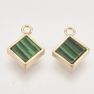 Synthetic Malachite Charms, with Brass Findings, Nickel Free, Rhombus, Real 18K Gold Plated, 10.5x8.5x2mm, Hole: 1.2mm, Side Length: 6mm(KK-T054-27G-B-01-NF)