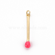 Brass Enamel Pendants, with Jump Ring, Cadmium Free & Nickel Free & Lead Free, Match, Real 16K Gold Plated, Cerise, 30x4.5mm, Jump Ring: 5x1mm, 3mm inner diameter(KK-S362-032F-NR)