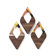 Walnut Wood Pendants, Resin and Gold foil, Rhombus, Dark Salmon, 47.5x25.5x3.5mm, Hole: 2mm(FIND-Z050-02A)