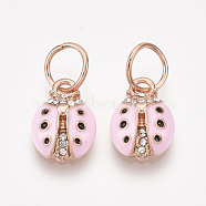 Alloy Charms, with Rhinestone and Enamel, Ladybug, Pink, Crystal, Rose Gold, 14.5x10x4mm, Hole: 6mm(MPDL-S066-103)