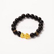 Natural Obsidian & Pi Xiu Stretch Bracelet, Om Mani Padme Hum Bracelet, Golden(MD5412-4)