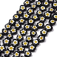 Handmade Millefiori Glass Bead Strands, Flower, Black, 10~12x2.6mm, Hole: 1mm, about 42pcs/strand, 15.75''(40cm)(LAMP-J035-10mm-49)