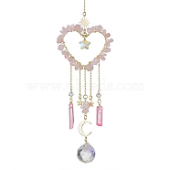 Natural Rose Quartz Chip Beads with Brass Findings Pendant Decorations, Heart Hanging Suncatcher, 252~270mm(HJEW-JM01814-01)