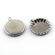 304 Stainless Steel Pendant Cabochon Open Back Settings, Serrated Edge Bezel Cups, Flat Round, Stainless Steel Color, Tray: 15mm, 20x17x3mm, Hole: 1.5mm(STAS-Q194-15)
