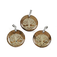 Natural Picture Jasper Flat Round Pendants, Tree of Life Charms with Rack Plating Platinum Tone Brass Snap on Bails, Cadmium Free & Lead Free, 30.5~32x25~25.5x6.5~7.5mm, Hole: 4.5x3.5mm(G-Q188-01P-11)