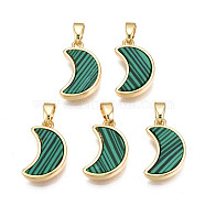 Real 18K Gold Plated Brass Pendants, with Synthetic Malachite Cabochons, Cadmium Free & Nickel Free & Lead Free, Moon, Malachite, 15.5x10x3mm, Hole: 2.5x5mm(KK-N233-170A-01D)