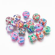 Handmade Polymer Clay Flat Round Beads, with Flower Pattern, Mixed Color, 11~12x6~7mm, Hole: 3mm(CLAY-Q217-07)