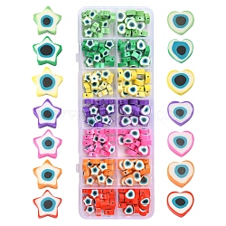210Pcs 14 Style Handmade Polymer Clay Beads, Heart & Star with Evil Eye, Mixed Color, 8.5~9x9~9.5x3.5~4.5mm, Hole: 1.4mm, 15pcs/style(CLAY-YW0001-61)