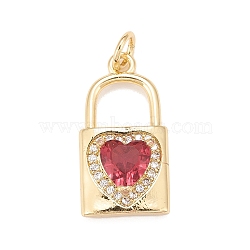 Brass Micro Pave Cubic Zirconia Pendants, Real 18K Gold Plated, Lead Free & Cadmium Free, Lock, Cerise, 20x11x5mm, Hole: 3mm(KK-A161-30G-C)