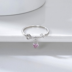 Rhodium Plated 925 Sterling Silver Finger Ring with Cubic Zirconia Heart Pad Charms, with S925 Stamp, Real Platinum Plated, US Size 9(18.9mm)(RJEW-C064-34E-P)
