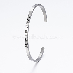 304 Stainless Steel Inspirational Cuff Bangles, with Enamel & Word Word Enter The Journey, Stainless Steel Color, 2-1/2 inchx2 inch(62x52mm)(BJEW-K173-14P)