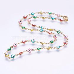 304 Stainless Steel Chain Necklaces, with Enamel and Lobster Claw Clasps, Ion Plating (IP), Flower with Evil Eye, Golden, 17.7 inch(45cm)(STAS-P164-34G)