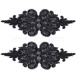 Flower Pattern Glass Bead Beading Appliques, Polyester Lace Appliques, with Sequins, Black, 120x305x3mm(DIY-WH0297-44B)