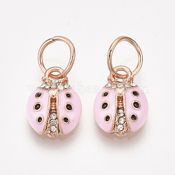Alloy Charms, with Rhinestone and Enamel, Ladybug, Pink, Crystal, Rose Gold, 14.5x10x4mm, Hole: 6mm(MPDL-S066-103)